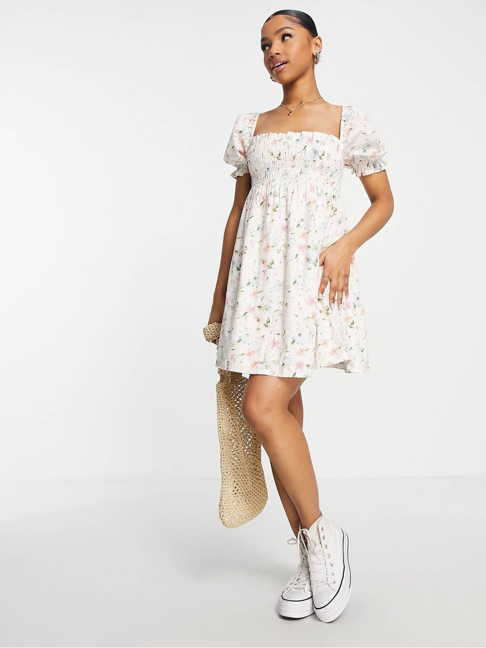 Abercrombie & Fitch Puff Sleeve Smocked Bodice Mini Dress in Pink Floral